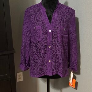 Hearts of Palm Blouse Size 12 Purple Sheer NWT Button Front Roll Tab Sleeves